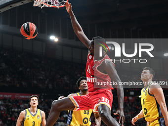 Moustapha Fall of Olympiacos Piraeus plays during the Euroleague, Round 17 match between Olympiacos Piraeus and Alba Berlin at Peace and Fri...