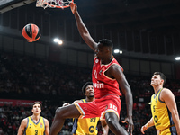 Moustapha Fall of Olympiacos Piraeus plays during the Euroleague, Round 17 match between Olympiacos Piraeus and Alba Berlin at Peace and Fri...