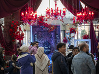 Iranian families stand in front of Yalda Night decorations at the Iran Mall shopping mall in northwestern Tehran, Iran, on December 20, 2024...