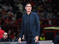 Head Coach Georgios Bartzokas of Olympiacos Piraeus is present during the Euroleague, Round 17 match between Olympiacos Piraeus and Alba Ber...