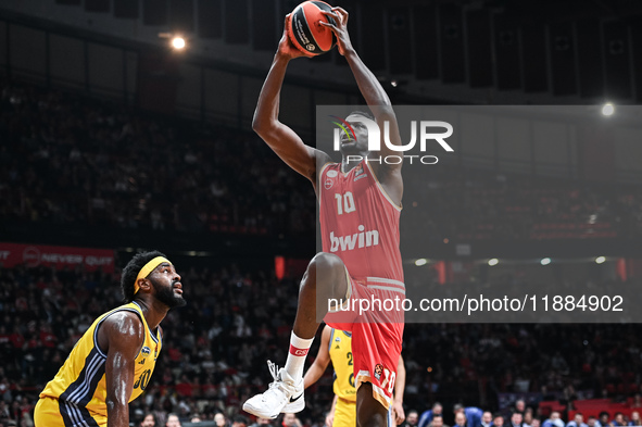 Moustapha Fall of Olympiacos Piraeus plays during the Euroleague, Round 17 match between Olympiacos Piraeus and Alba Berlin at Peace and Fri...