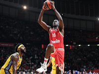 Moustapha Fall of Olympiacos Piraeus plays during the Euroleague, Round 17 match between Olympiacos Piraeus and Alba Berlin at Peace and Fri...