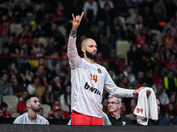 Bench player 94 Evan Fournier of Olympiacos Piraeus participates in the Euroleague, Round 17 match between Olympiacos Piraeus and Alba Berli...