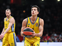 Matteo Spagnolo of Alba Berlin plays during the Euroleague, Round 17 match between Olympiacos Piraeus and Alba Berlin at Peace and Friendshi...