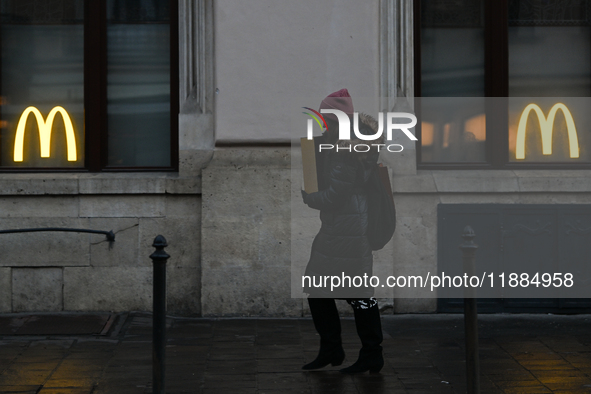 KRAKOW, POLAND - DECEMBER 20:   
The McDonald's logo displayed in a restaurant windows, on December 20, 2024 in Krakow, Poland. 