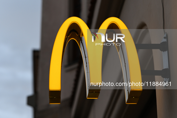 KRAKOW, POLAND - DECEMBER 20:   
The McDonald's logo displayed on a restaurant facade, on December 20, 2024 in Krakow, Poland. 