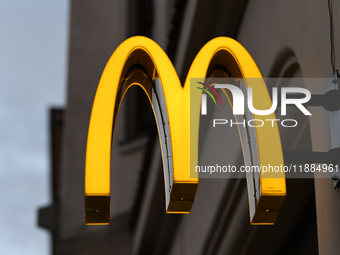 KRAKOW, POLAND - DECEMBER 20:   
The McDonald's logo displayed on a restaurant facade, on December 20, 2024 in Krakow, Poland. (