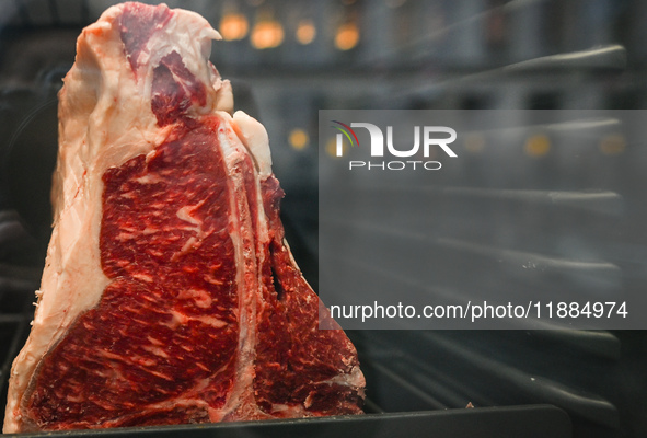 KRAKOW, POLAND - DECEMBER 20:   
Beef cuts displayed in the window of a restaurant specializing in beef dishes, on December 20, 2024 in Krak...