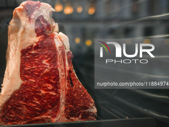 KRAKOW, POLAND - DECEMBER 20:   
Beef cuts displayed in the window of a restaurant specializing in beef dishes, on December 20, 2024 in Krak...