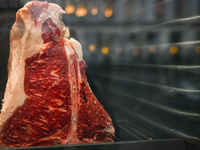 KRAKOW, POLAND - DECEMBER 20:   
Beef cuts displayed in the window of a restaurant specializing in beef dishes, on December 20, 2024 in Krak...