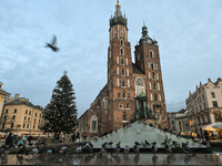 KRAKOW, POLAND - DECEMBER 20:   
A Christmas tree stands near St. Mary's Basilica in Krakow's UNESCO-listed Main Square on December 20, 2024...