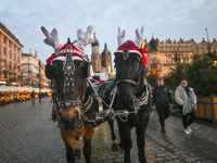 KRAKOW, POLAND - DECEMBER 20:   
Christmas decorations adorn horses from horse-drawn carriages awaiting tourists at Krakow's Main Market Squ...