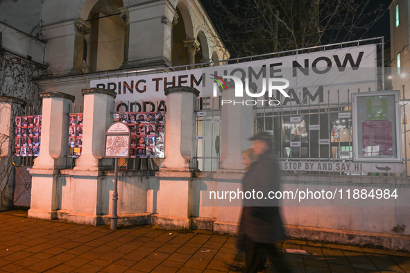 KRAKOW, POLAND - DECEMBER 20:   
A giant 'Bring Them Home Now' message, accompanied by images of people kidnapped by Hamas, is displayed at...