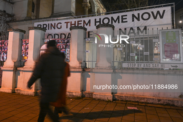 KRAKOW, POLAND - DECEMBER 20:   
A giant 'Bring Them Home Now' message, accompanied by images of people kidnapped by Hamas, is displayed at...