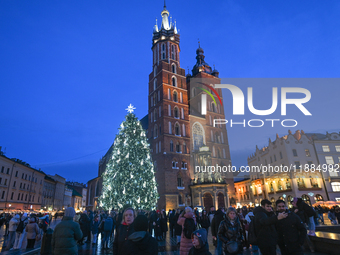 KRAKOW, POLAND - DECEMBER 20:   
An illuminated Christmas tree stands near St. Mary's Basilica in Krakow's UNESCO-listed Main Square, on Dec...