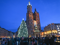 KRAKOW, POLAND - DECEMBER 20:   
An illuminated Christmas tree stands near St. Mary's Basilica in Krakow's UNESCO-listed Main Square, on Dec...