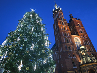 KRAKOW, POLAND - DECEMBER 20:   
An illuminated Christmas tree stands near St. Mary's Basilica in Krakow's UNESCO-listed Main Square, on Dec...