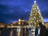 KRAKOW, POLAND - DECEMBER 20:   
An illuminated Christmas tree stands in Krakow's UNESCO-listed Main Square, on December 20, 2024 in Krakow,...