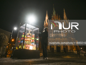 KRAKOW, POLAND - DECEMBER 20:   
A Nativity Scene displayed in Podgorze Market Square in front of St. Joseph's Church, on December 20, 2024...