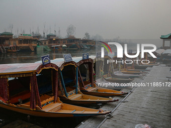 Shikara boats are moored to the bank of Dal Lake in Srinagar, Jammu and Kashmir, on December 21, 2024. The 40-day harsh winter period, local...