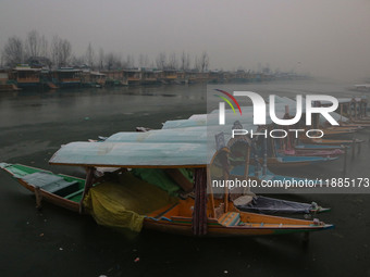 Shikara boats are moored to the bank of Dal Lake in Srinagar, Jammu and Kashmir, on December 21, 2024. The 40-day harsh winter period, local...