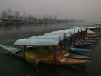 Shikara boats are moored to the bank of Dal Lake in Srinagar, Jammu and Kashmir, on December 21, 2024. The 40-day harsh winter period, local...