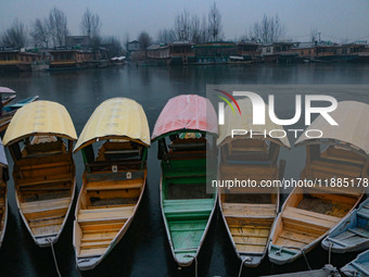 Shikara boats are moored to the bank of Dal Lake in Srinagar, Jammu and Kashmir, on December 21, 2024. The 40-day harsh winter period, local...