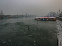 A frozen portion of Dal Lake is seen in Srinagar, Jammu and Kashmir, on December 21, 2024. The 40-day harsh winter period, locally referred...