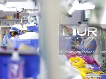 Workers produce photoelectric cables for export at a workshop of a company that produces communication equipment in the Sihong Economic Deve...