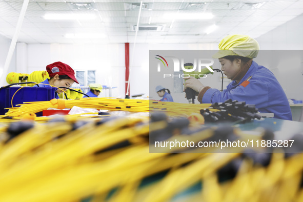 A worker produces photoelectric cables for export at a workshop of a communication equipment company in the Sihong Economic Development Zone...