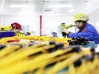 A worker produces photoelectric cables for export at a workshop of a communication equipment company in the Sihong Economic Development Zone...