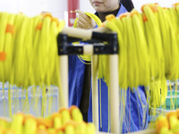 A worker produces photoelectric cables for export at a workshop of a communication equipment company in the Sihong Economic Development Zone...