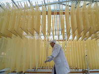 A worker places hanging noodles on a shelf to dry in Hefei, Anhui province, China, on December 21, 2024. (