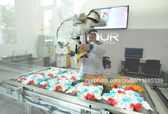 An employee operates an AI intelligent dyeing robot to produce intangible cultural heritage tie-dyeing products in a workshop in Hai'an, Jia...