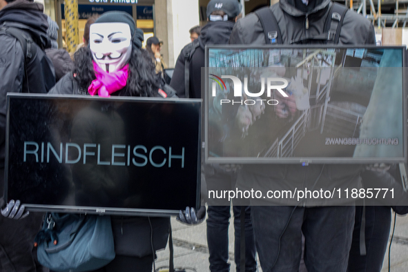 The group 'Anonymous for the Voiceless', an animal rights organization specializing in street activism, holds a 'Cubes of Truth' protest act...