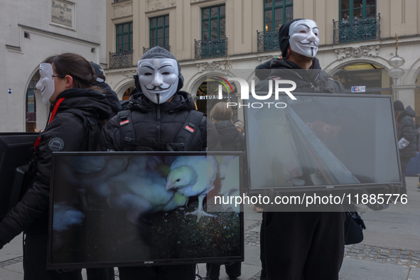 The group 'Anonymous for the Voiceless', an animal rights organization specializing in street activism, holds a 'Cubes of Truth' protest act...