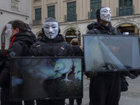 The group 'Anonymous for the Voiceless', an animal rights organization specializing in street activism, holds a 'Cubes of Truth' protest act...