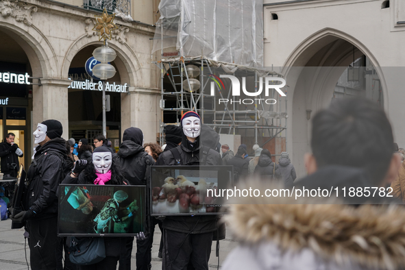 The group 'Anonymous for the Voiceless', an animal rights organization specializing in street activism, holds a 'Cubes of Truth' protest act...