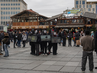 The group 'Anonymous for the Voiceless', an animal rights organization specializing in street activism, holds a 'Cubes of Truth' protest act...