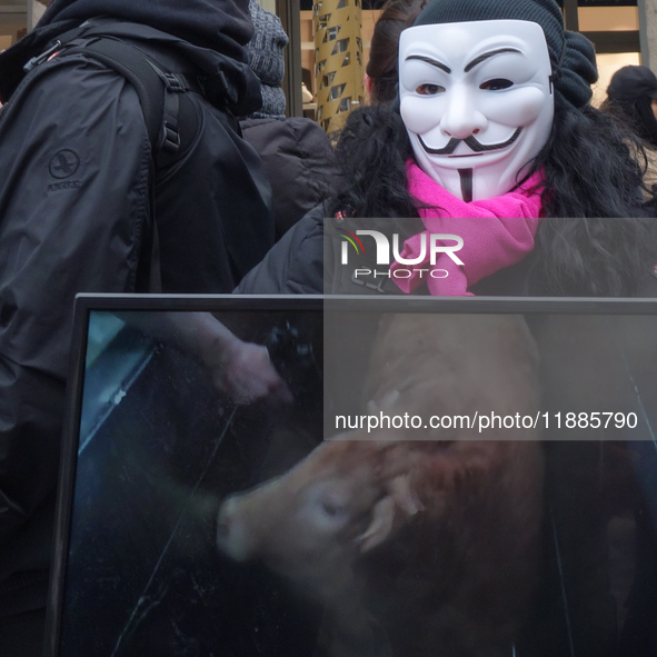 The group 'Anonymous for the Voiceless', an animal rights organization specializing in street activism, holds a 'Cubes of Truth' protest act...