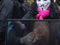 The group 'Anonymous for the Voiceless', an animal rights organization specializing in street activism, holds a 'Cubes of Truth' protest act...