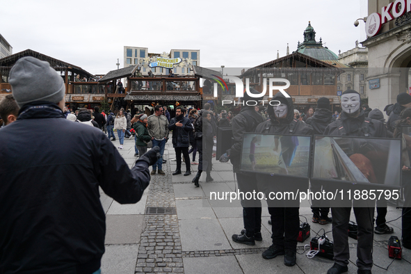 The group 'Anonymous for the Voiceless', an animal rights organization specializing in street activism, holds a 'Cubes of Truth' protest act...