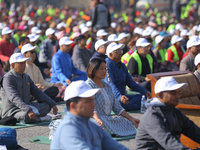 Deputy House Speaker Indira Rana Magar meditates during an event organized to mark World Meditation Day in Kathmandu, Nepal, on December 21,...