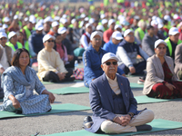 Nepali Prime Minister KP Sharma Oli (Center) attends an event organized on the first World Meditation Day in Kathmandu, Nepal, on December 2...