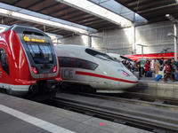 Two regional trains and two ICE trains are at Munich Central Station in Bavaria, Germany, on December 21, 2024. (