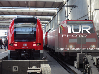 Two regional trains are at Munich Central Station in Bavaria, Germany, on December 21, 2024. (