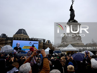 Supporters of anti-whaling activist Paul Watson staged a rally at Place de la Republique in Paris on December 21, 2024, a day after his arri...