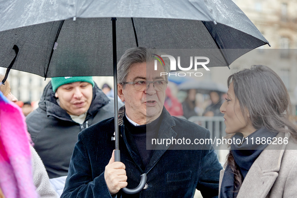 Jean-Luc Mélenchon, founder of the French leftist party La France Insoumise (LFI), attended a rally at Place de la République in Paris on De...