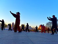 Fitness enthusiasts practice tai chi in low temperatures at Donghu Park in Zaozhuang City, East China's Shandong Province, on December 21, 2...