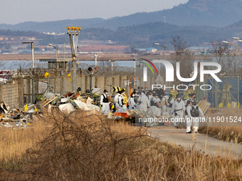 Fire authorities search for the missing and recover the deceased at the site of an accident near Muan International Airport in Jeollanam-do,...